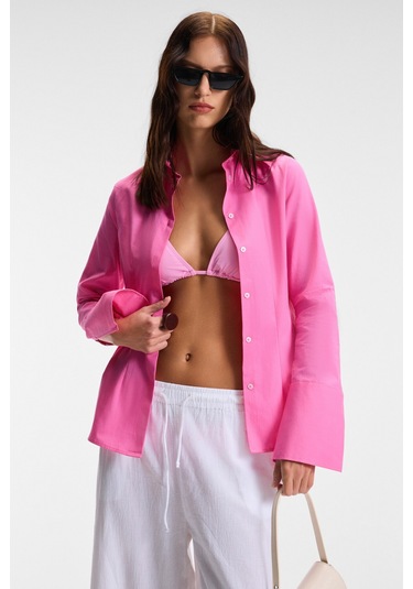 PAPILUS Kadın Regular %100 Organik Pamuk İnce Uzun Gömlek Yaka Uzun Kollu Pembe Gömlek