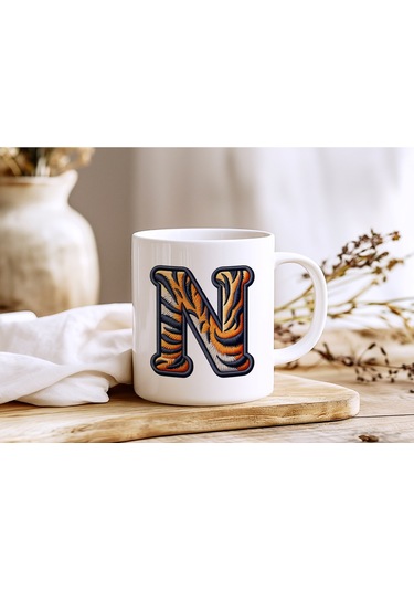 N Harfi Kaplan Figürlü Nakış Desenli Kupa Bardak - Kişiye Özel Vahşi Hayvan Desenli Kupa - Hediye Beyaz