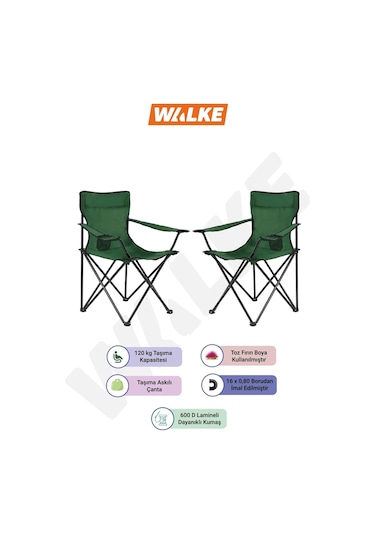 Walke 2'li Katlanabilir Taşıma Çantalı Piknik Plaj Kamp Sandalyesi - Yeşil