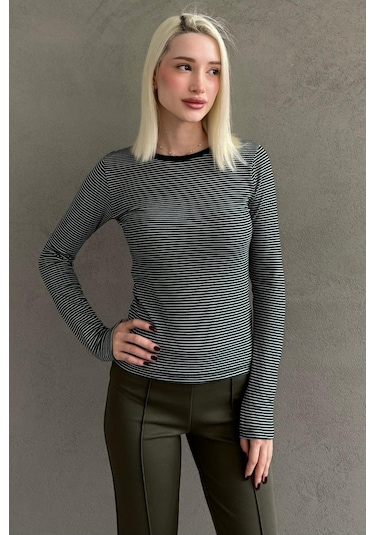 Yeşil Çizgili Uzun Kollu Kadın Body Mg2657 Yeşil