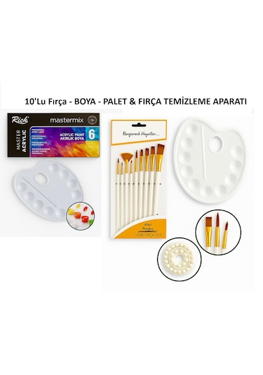 10 Lu Uzun Sap Fırça & 6 Lı Akrilik Boya & Palet & Fırça Temizeyi