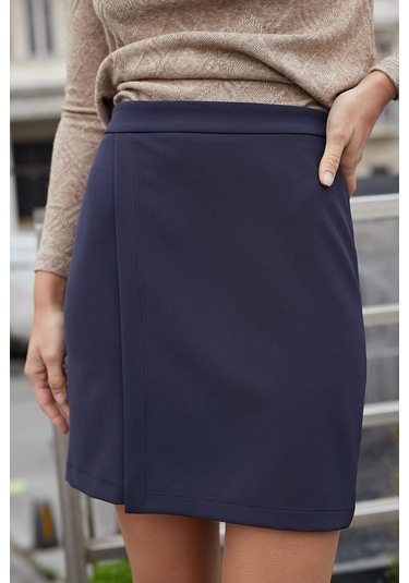 Kadın Hafif Likralı Kumaş Yüksek Bel Anvelop Kruvaze Hafif Mini Kalem Etek--lacivert Lacivert