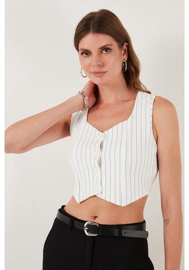 Lela Slim Fit Kalp Yaka Düğmeli Kalın Askılı Crop Bayan Yelek 5865497 Siyah Çizgili