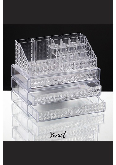 Vivart Diomand 3 Çekmeceli 1 Makyaj Kalemlik Makyaj Takı Seti Makyaj Kozmetik Düzenleyici Organizer Şeffaf Beyaz