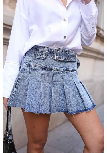 Bpm Kemerli Pileli Denim Etek 001