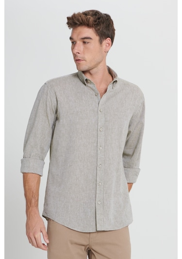 Erkek Hakı Comfort Fit Rahat Kesim Düğmeli Yaka Keten Gömlek Haki