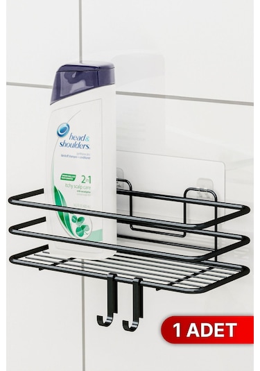 Banyo Düzenleyici Şampuanlık Sabunluk 1 Adet Lüks Metal Yapışkanlı 2 Askılı Duş Rafı Organizer Siyah