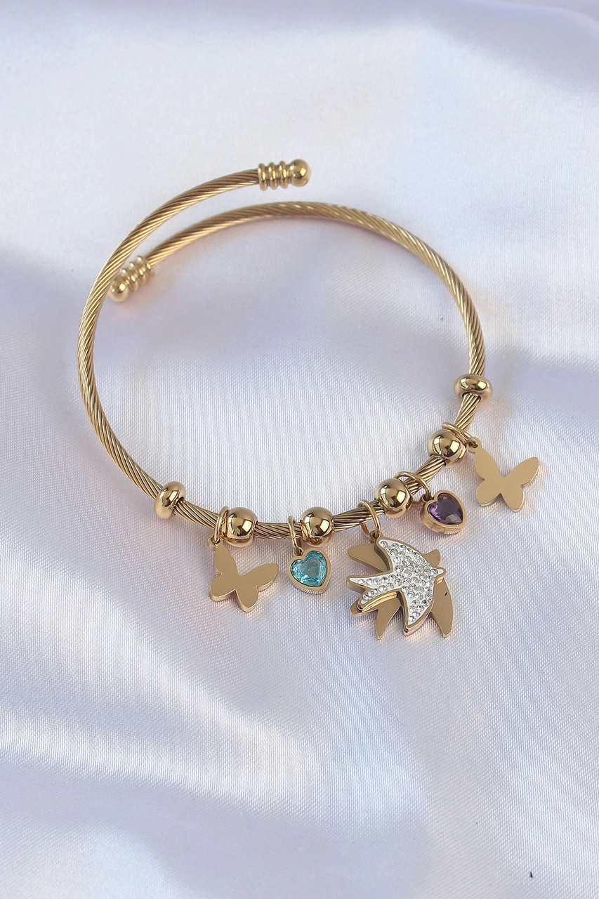 Dodes 316l Çelik Gold Renk Zirkon Taşlı Minimal Kalp Detay Kelebek Charm Bileklik Tg27bb6091 Çok Renkli