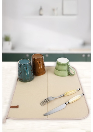 Basic Bulaşık Kurutma Matı 46x36 cm Kurulama Bezi Kurutma Örtüsü Tezgah Üstü Bej