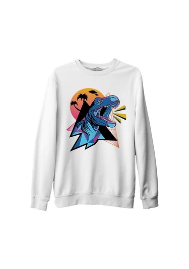 Dinosaur Shouting From A Triangle Background Beyaz Erkek Kalın Sweatshirt 001