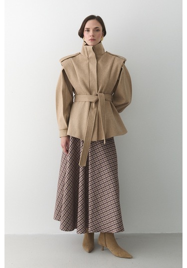 Bej Apoletli Vatkalı Kaşe Kaban - 1005 Bej