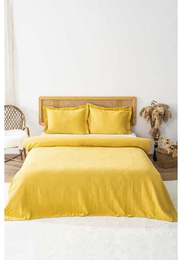 Orella Sarı Çift Kişilik Jakarlı Yatak Örtüsü Takımı 3 Parça Uyku Seti Sarı
