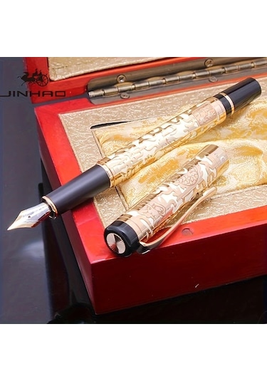 Oldfriend Jinhao 5000 Vintage Sarı Oyma Ejderha Lüks Dolma Kalem İnce Uç Hediye Sarı Oyma