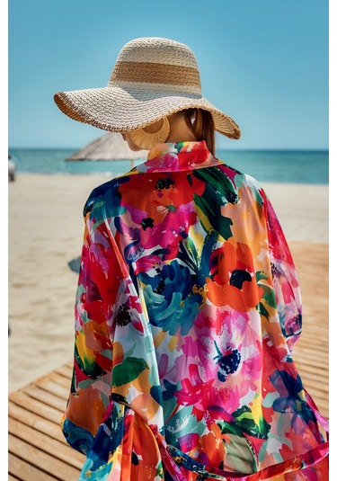 Remsa Tesettür Mayo Üzerine Tek Kaftan Kimono Pareo Lacivert02 Rp030 Flowers Lacivert
