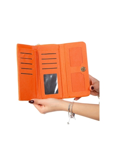 Kadın Turuncu Kağıt Para Ve Kartlık Bölmeli Turuncu Cüzdan Fermuar Detaylı Turuncu