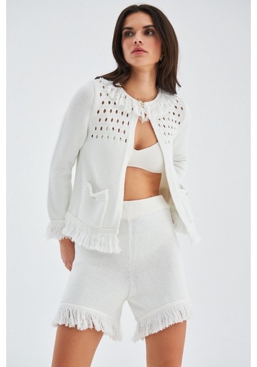 Peraluna Mıyoki Cardıgan & Shorts Mevsimlik Pamuklu Kadın Triko T Kırık Beyaz