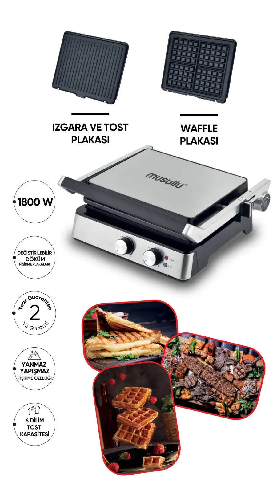 Musullu MSL-2037 1800 W Izgara Tost Waffle Makinesi