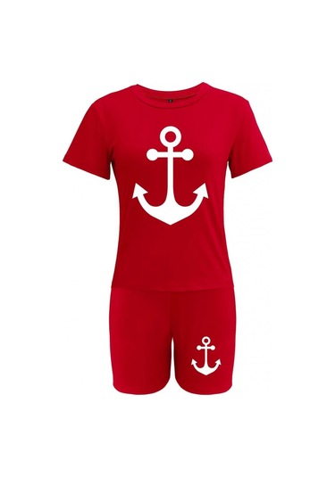 Gülsüm Aydın Kadın Kısa Kollu Çapa Baskılı Viskon Ikili Takım Kırmızı