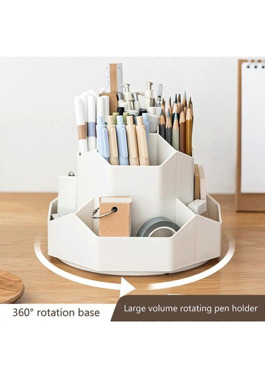 Ganzhoushop Ofis Okul İçin Kalemlik Dönen Masa Düzenleyici 360 Dönen Kalemlik Büyük Kapasiteli Kırtasiye Saklama Kutusu Beyazaçık Gri