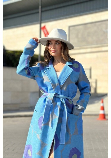 Kadın Mavi Desenli Astarlı, Ceket Yaka, Beli Kemerli, Rahat Kalıp, Digital Baskı, Uzun Kaşe Kaban Mavi