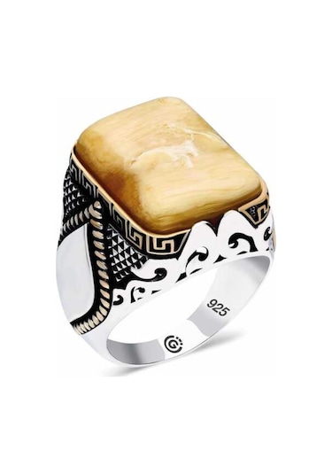 ​Gümüş Kaplan Gözü Taşlı Köşeli Erkek Yüzük (551177231)