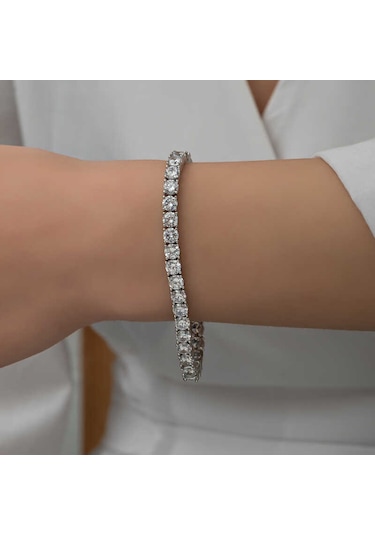 Gümüş 2.5 Mm Beyaz Taşlı Su Yolu Kadın Bileklik Gümüş