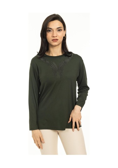 Yeni Sezon Kadın Orta Yaş ve Üzeri Yeni Desen Triko Yaka Likralı Anne Penye Bluz 30520-haki Yeşili