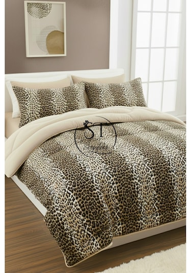 Çift Kişilik Leopar Welsoft Yorgan Çift Taraflı 195x215 Kahverengi