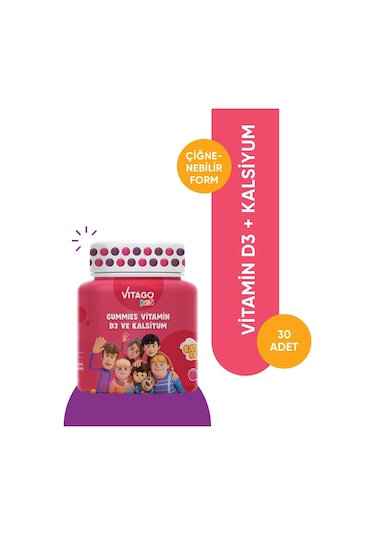 Vitago Kids Gummies Vitamin D3 Kalsiyum İçeren Takviye Edici Gıda 60 Kapsül