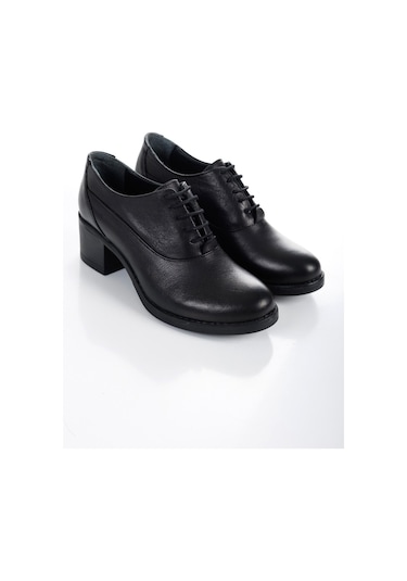 Hakiki Deri Kalın Topuklu Bağcıklı Siyah Oxford Kadın Ayakkabı Siyah