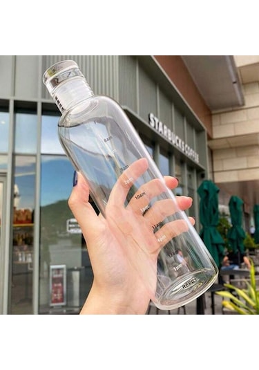 Porsima 2407 Cam Su Şişesi Su İçme Saatli Matara Suluk 750 Ml