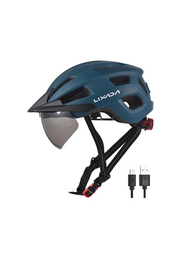 Mavi Ön Cam Ve Güneşlik İle Bisiklet Kaskı Şarj Edilebilir Kuyruk Işığı Ayarlanabilir Bisiklet Kaskı Mavi
