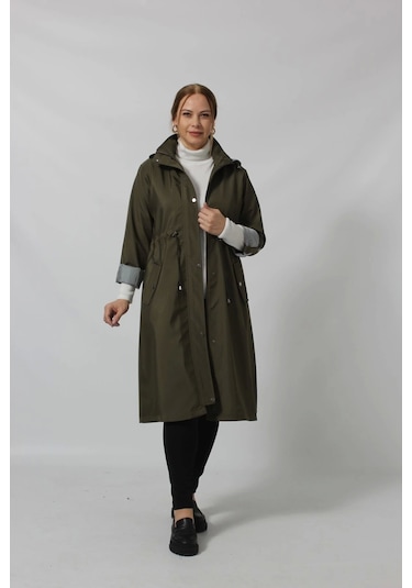 Uzun Astar Detaylı Bondit Trençkot Haki Haki