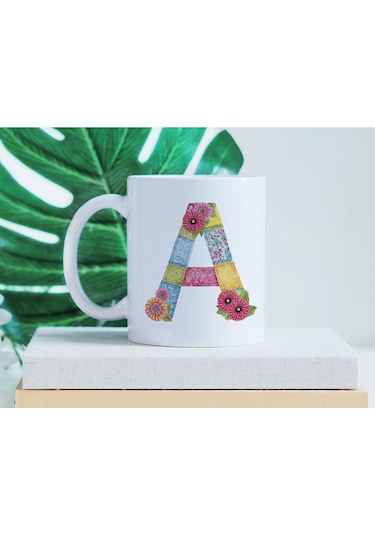 A Harfli Retro Çiçekli Kupa Bardak - Patchwork Tarz Yamalı Desenli İsme Özel Kupa - Hediye 07 Beyaz