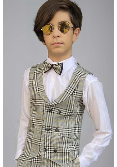 Riccotarz Erkek Çocuk Kare Desen Ve Şal Yaka Yelekli Yeşil Takım Elbise Yeşil