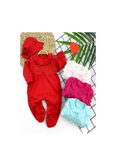 3-6-9-12 Ay Şapkalı Fırfır Detaylı Uzun Kollu Kız Bebek Tulumu Çok Renkli