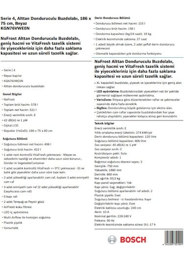 Bosch KGN76VWE0N 526 LT No-Frost Kombi Tipi Buzdolabı