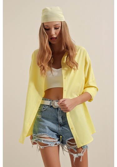 Bigdart 3900 Oversize Uzun Basic Gömlek - Sarı 001