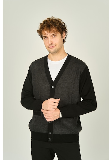Ateş Triko Erkek Cep Detaylı V Yaka Yün Hırka 4490 Siyah Siyah