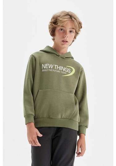 DeFacto Erkek Çocuk Haki Sırt Baskılı Kapüşonlu Cepli Sweatshirt C9789A824AUKH450