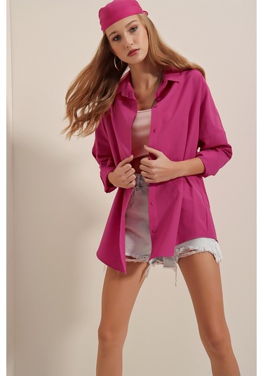 Bigdart 3900 Oversize Uzun Basic Gömlek - Koyu Pembe 001