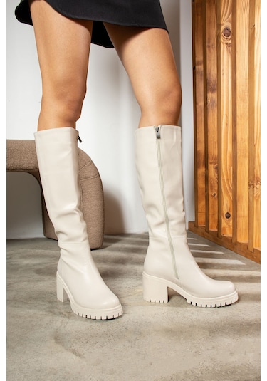 Günlük Kadın Dizaltı Çizme Kalın Yüksek Traktör Topuklu Kaymaz Taban Fermuarlı Rahat 2431 Bej