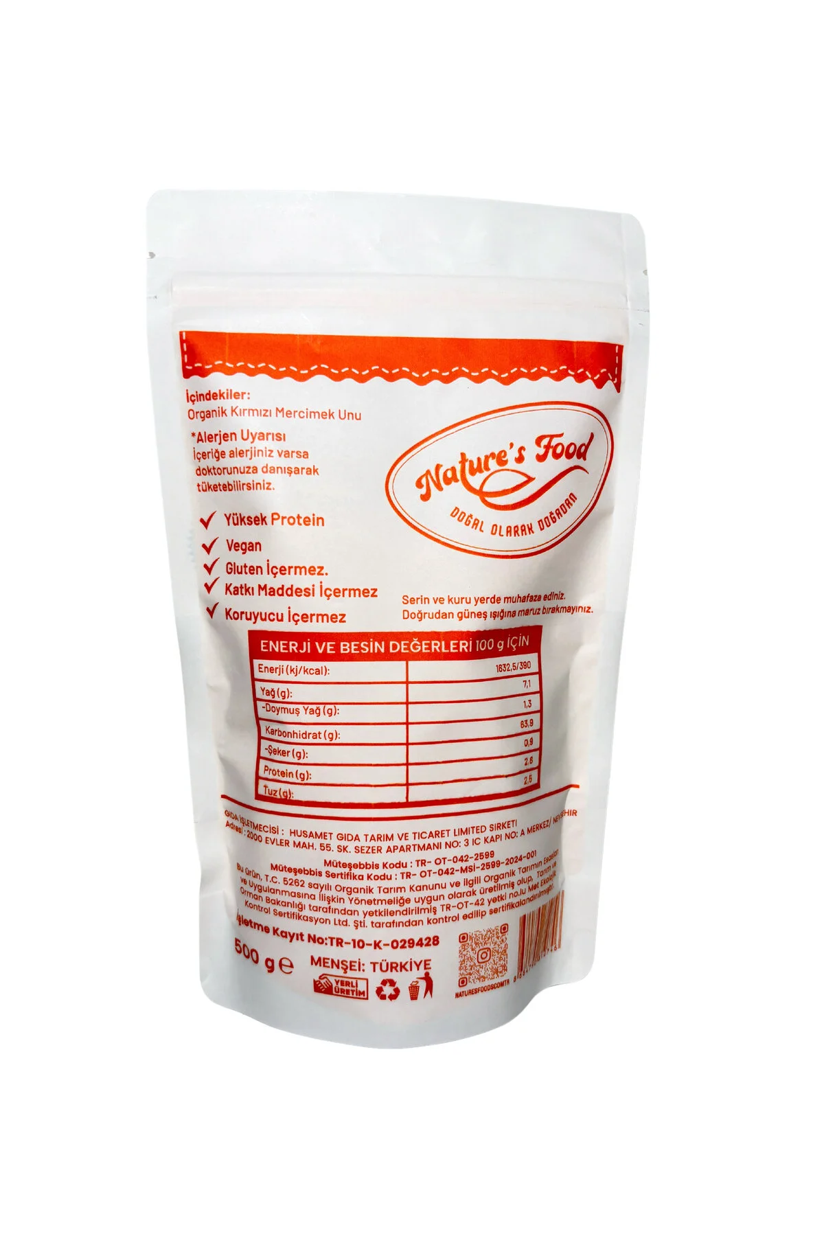 Organik Kırmızı Mercimek Unu 500gr Pestisit Analizli Organik Sertifikalı