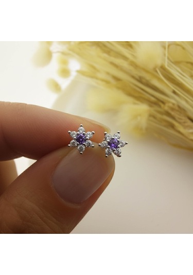 925 Ayar Gümüş Mor Taşlı Minimal Lotus Küpe Gümüş