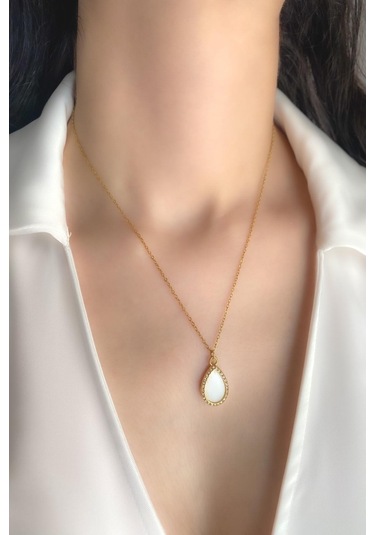 Kadın Çelik Kolye Zirkon Taş Çerçeve Sedef Mineli Damla Kolye Altın