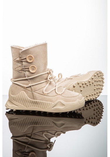 Kadın Günlük Nubuk Deri Kar Bot Bootie Postal İçi Kürklü Düğmeli Ve Bağcıklı Kaymaz Taban 501 Bej