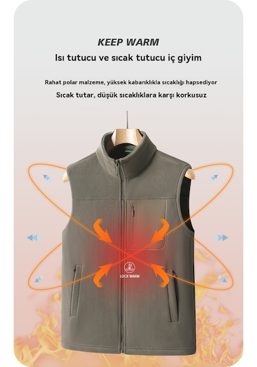 Kalınlaştırılmış Polar Dik Yaka Hırka Kolsuz Yelek Ceket Koyu Yeşil