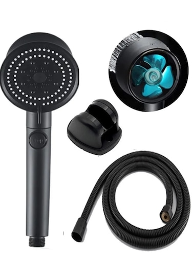 Siyah Turbo 5 Fonksiyonlu Pervaneli Mafsallı Duş Seti Duş Başlığı Siyah