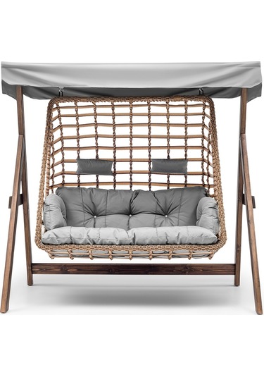 Girne Swing Ahşap Rattan Salıncak Dış Mekan Bahçe Balkon Ve Teras Ceviz