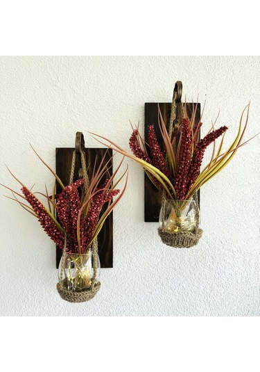 Duvar Dekoru, Led Işıklı, Kırmızı Çubuk Cipso Çiçekli, Ceviz Aplik İkili Set